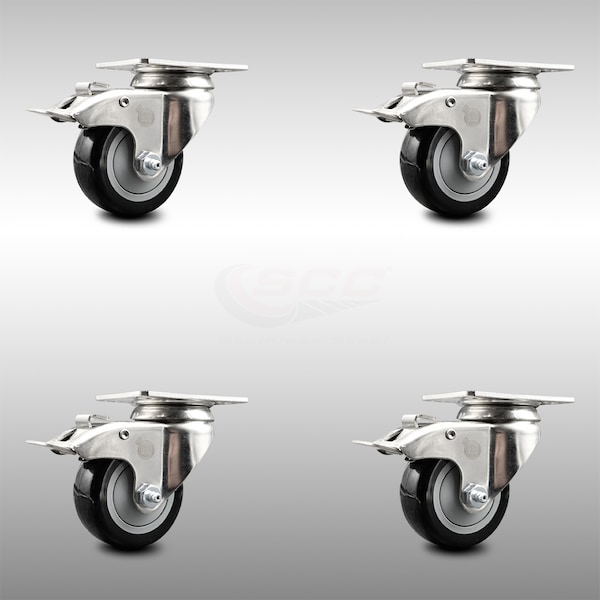 Service Caster 3 Inch 316SS Black Polyurethane Swivel Top Plate Caster Set Total Lock Brake SCC SCC-SS316TTL20S314-PPUB-BLK-4 - main
